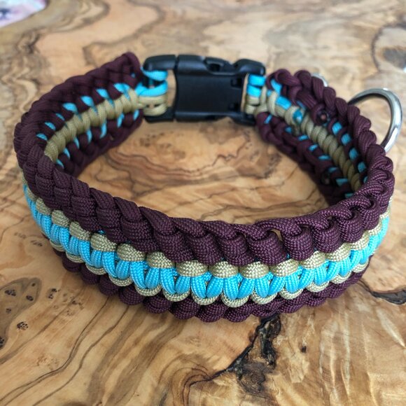 Dog Collar~16.5" Burgundy Turquoise & Tan Paracord Medium Handmade Made in USA - Picture 1 of 8